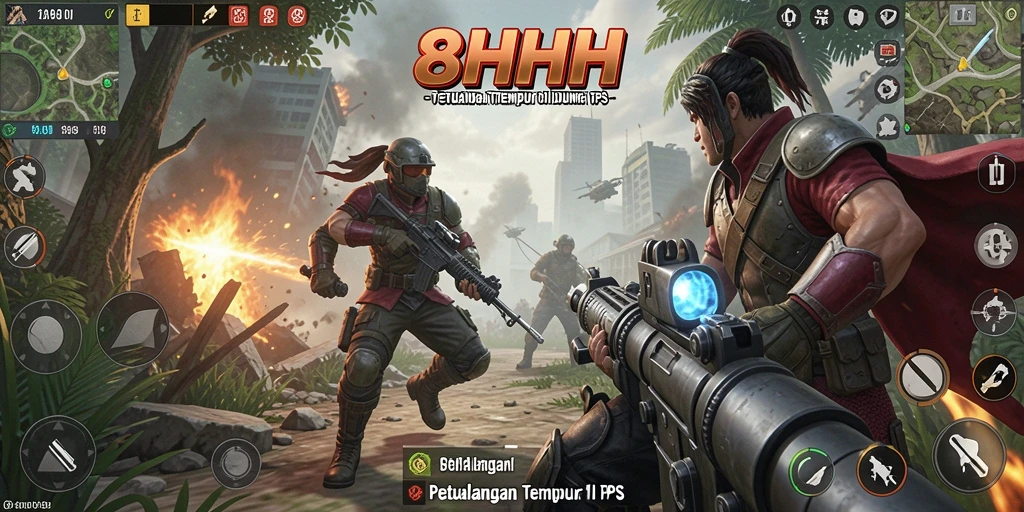 Screenshot utama 8HHH menunjukkan intensitas pertempuran di mode TPS.
