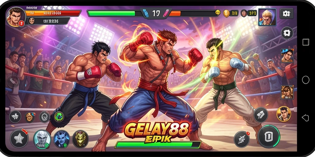 Tampilan gameplay GELAY88 dengan aksi pertarungan yang intens.
