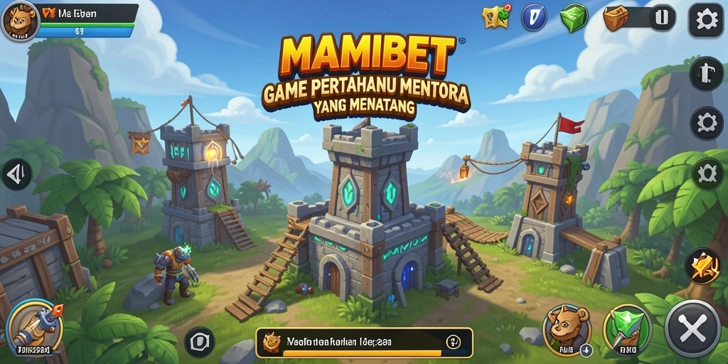 Screenshot gameplay MAMIBET yang menampilkan menara dan musuh.