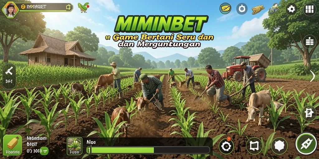Tangkapan layar utama MIMINBET menampilkan ladang yang subur dan aktivitas bertani.