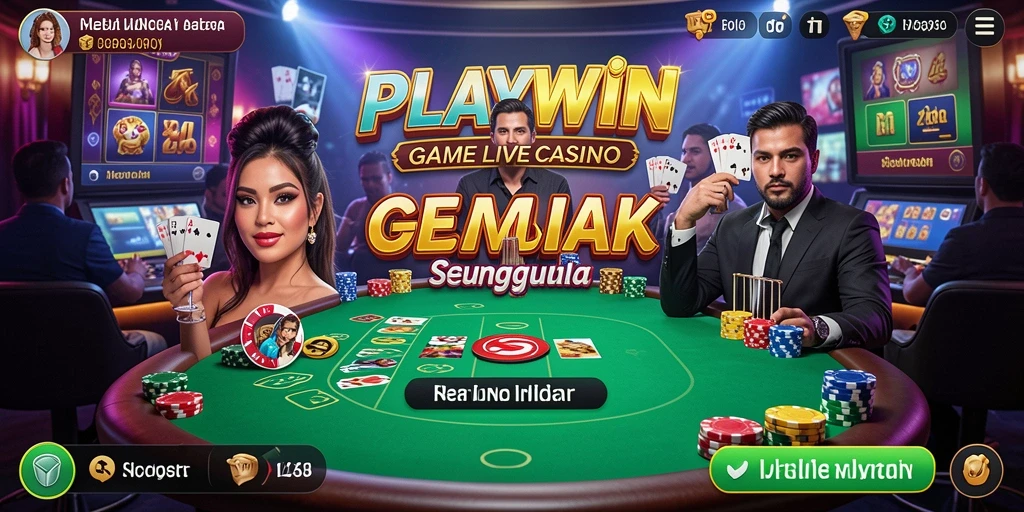 Screenshot gameplay PLAYWIN menunjukkan dealer langsung dan interaksi pemain.